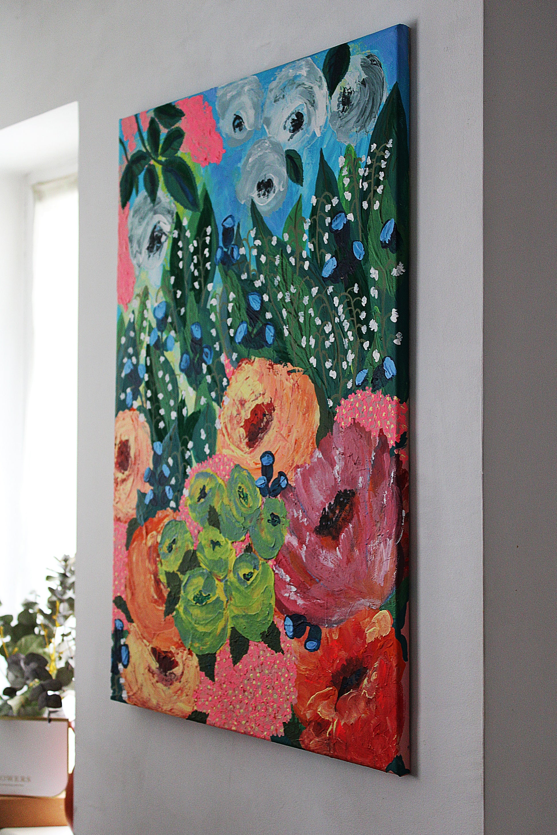 Original floral painting on canvas IN MAY, flowers painting, garden pink flowers, roses,