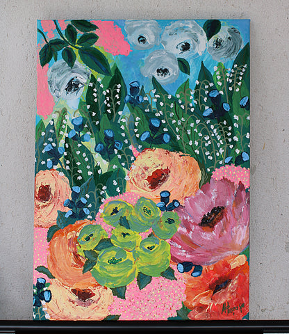 Original floral painting on canvas IN MAY, flowers painting, garden pink flowers, roses,