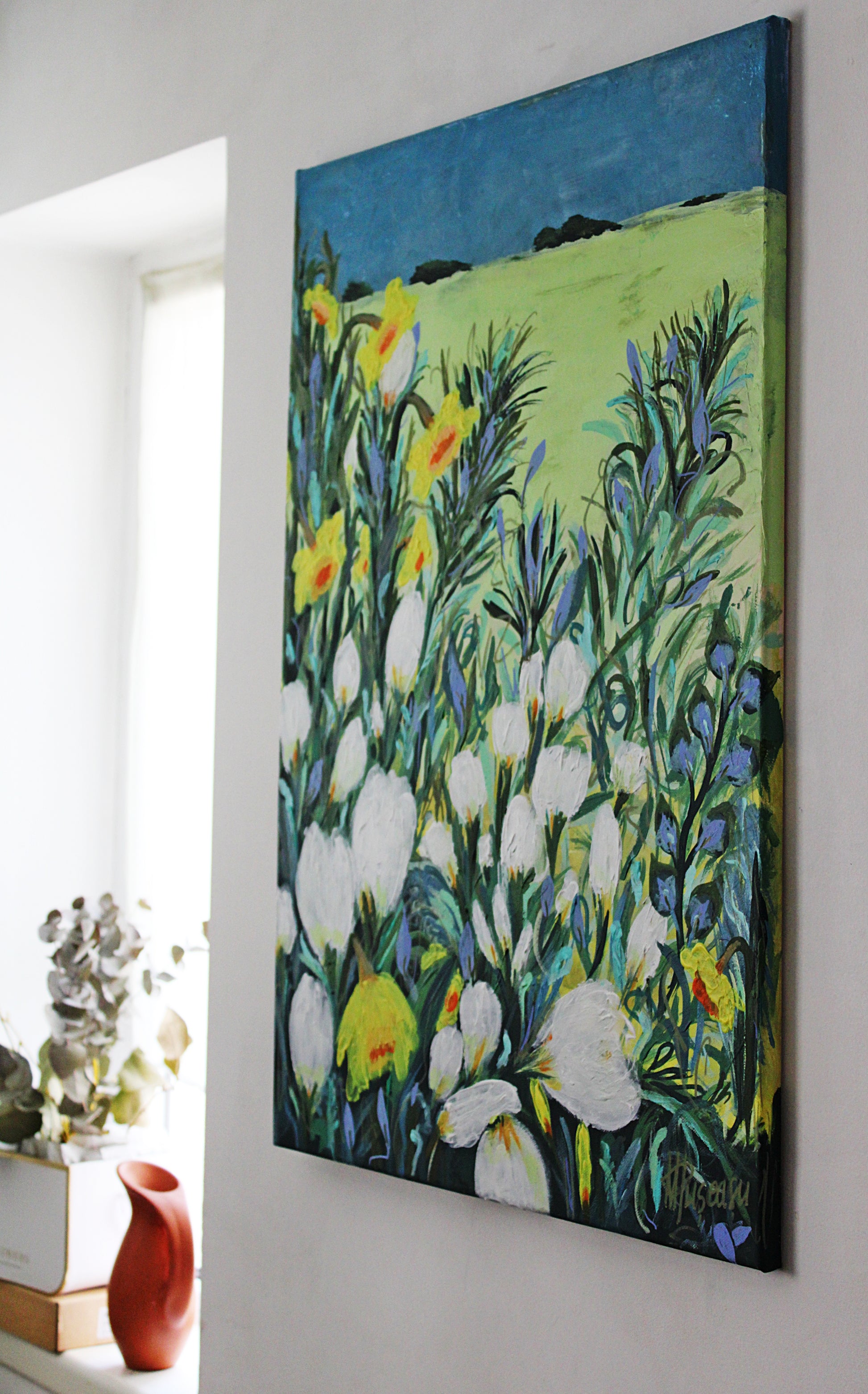 original floral painting, longing for far away, warmhouse, gift, acrylic paintings, flowers, blue, daffodils, bloom 