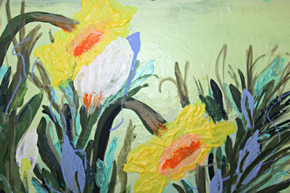 original floral painting, longing for far away, warmhouse, gift, acrylic paintings, flowers, blue, daffodils, bloom 