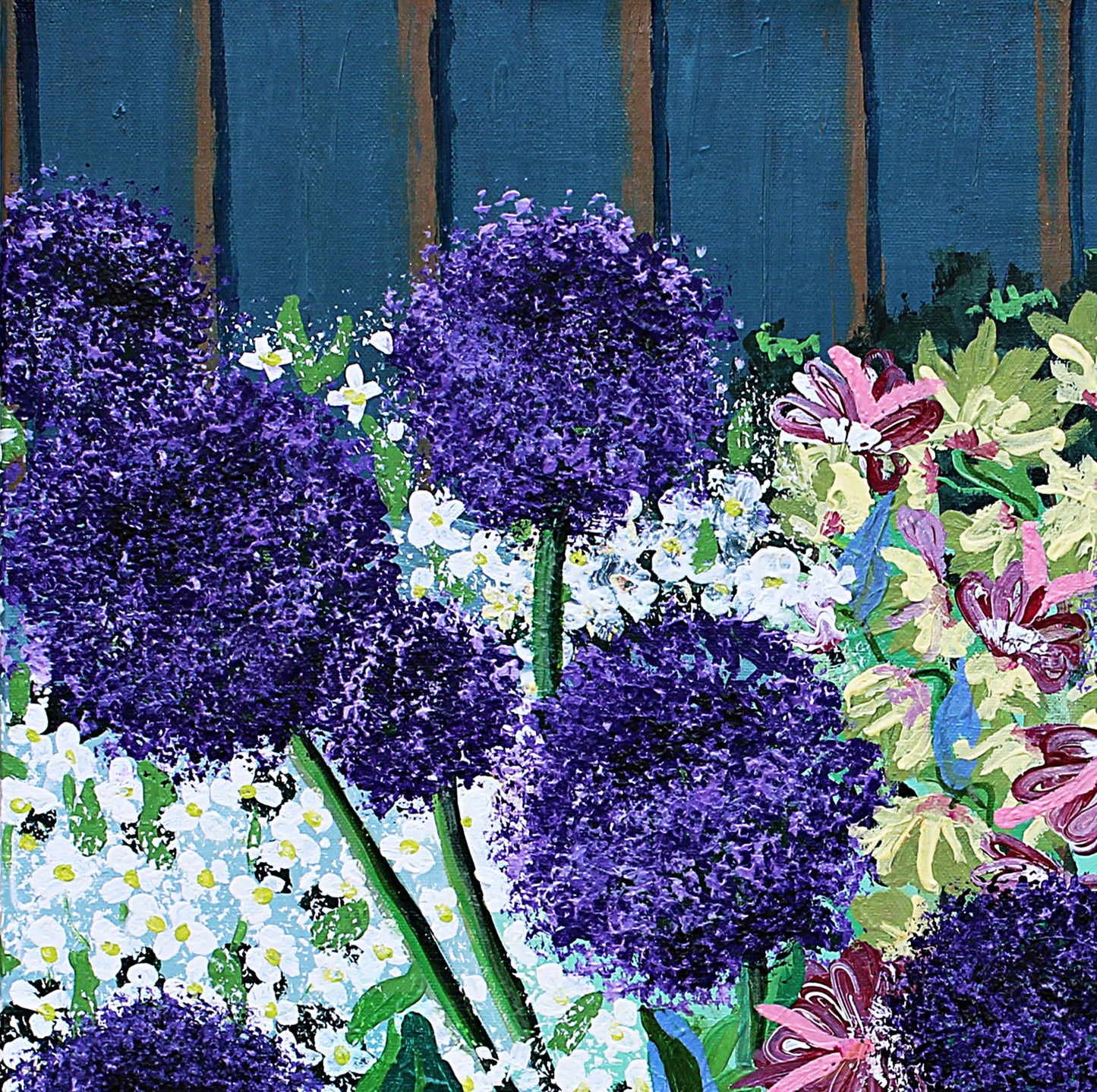 garden with allium, flowers, floral painting, decorative onion painting