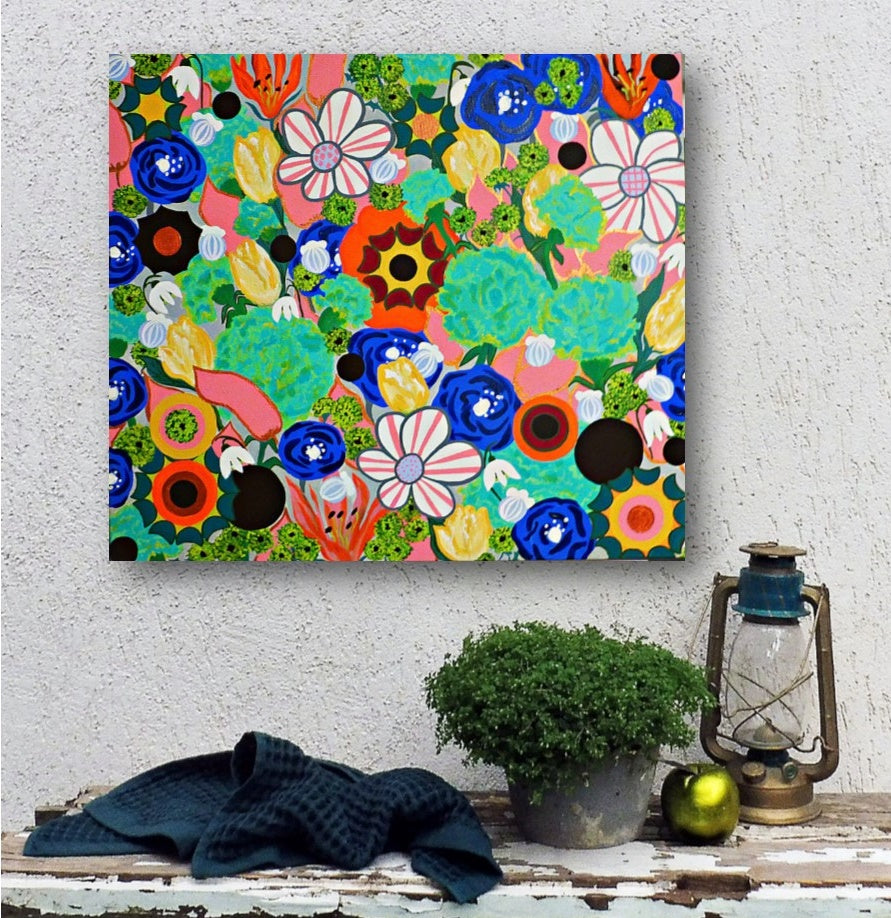 Floral painting - SPRING WITH CHOCOLATE DOTS - large original painting | garden painting | abstract flowers painting