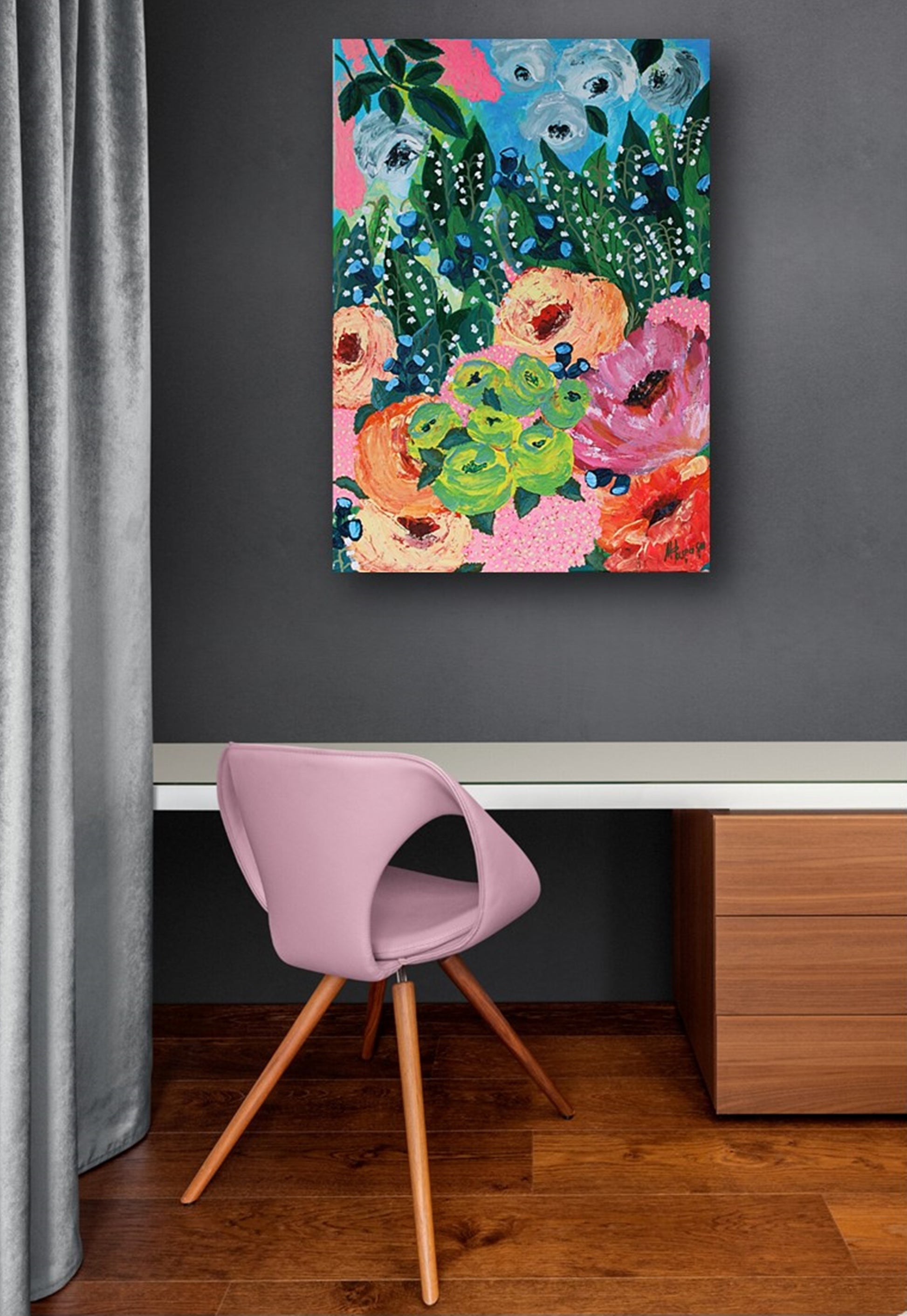 Original floral painting on canvas IN MAY, flowers painting, garden pink flowers, roses,