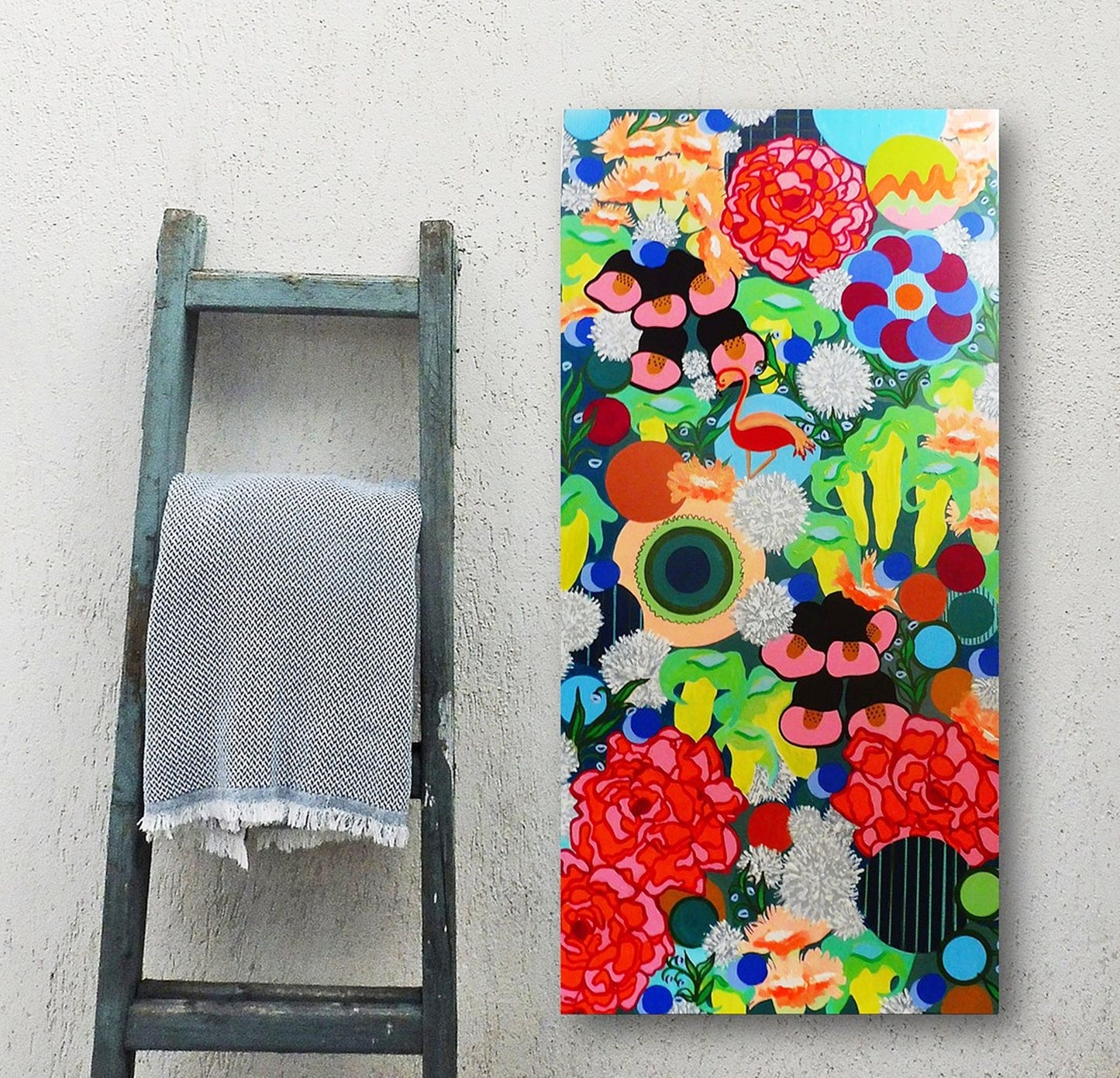 Narrow abstract painting | FLORAL MADNESS - acrylic painting on canvas | flowers painting  | flamingo