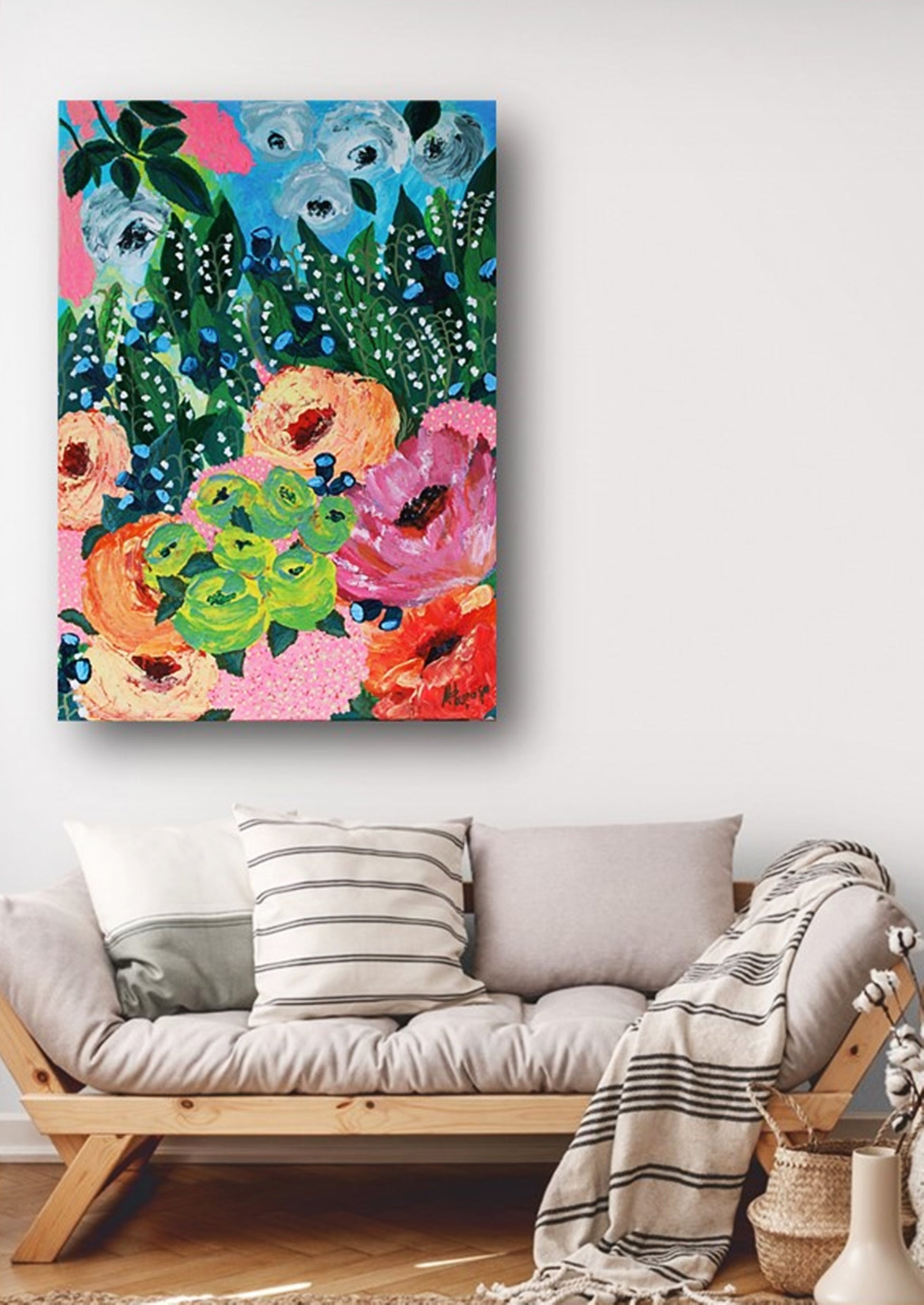 original floral painting on canvas, in may, pink, blue