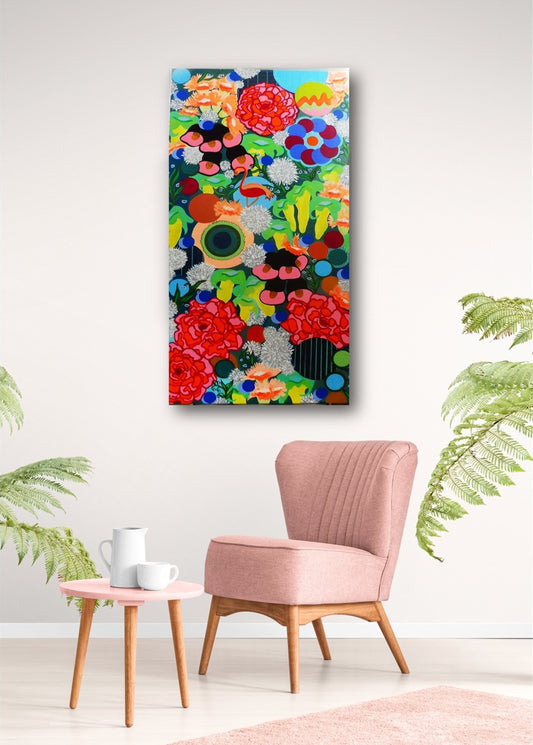 Narrow abstract painting | FLORAL MADNESS - acrylic painting on canvas | flowers painting  | flamingo