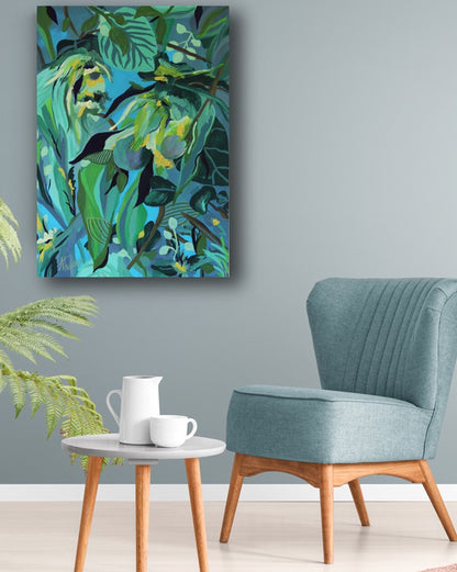 Floral painting - READY TO PICK- blue contemporary painting, flowers, fruits