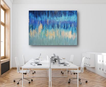 blue abstract painting in room