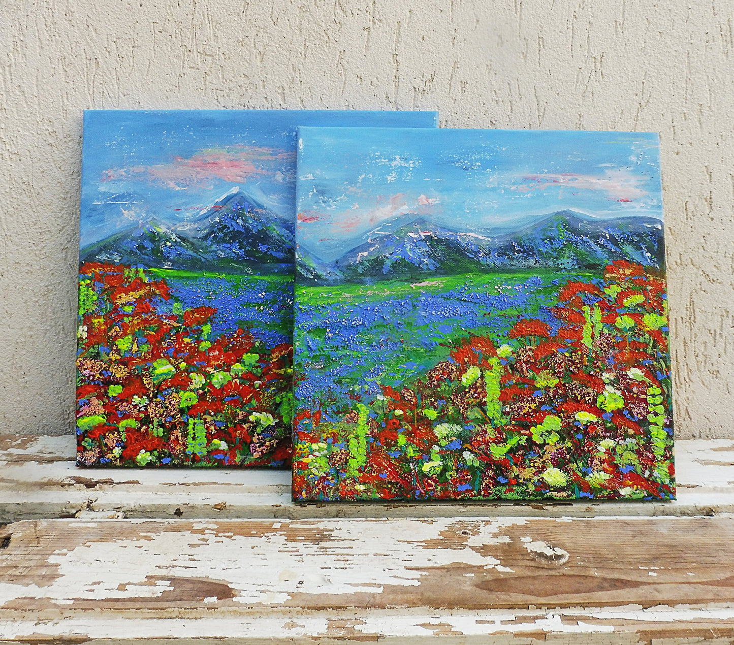 diptych painting | diptyc lanscape | montains | meadow | wild flowes