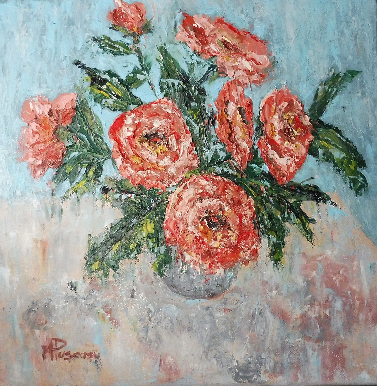 late roses  | square floral painting | flowers in vase | pink roses painting