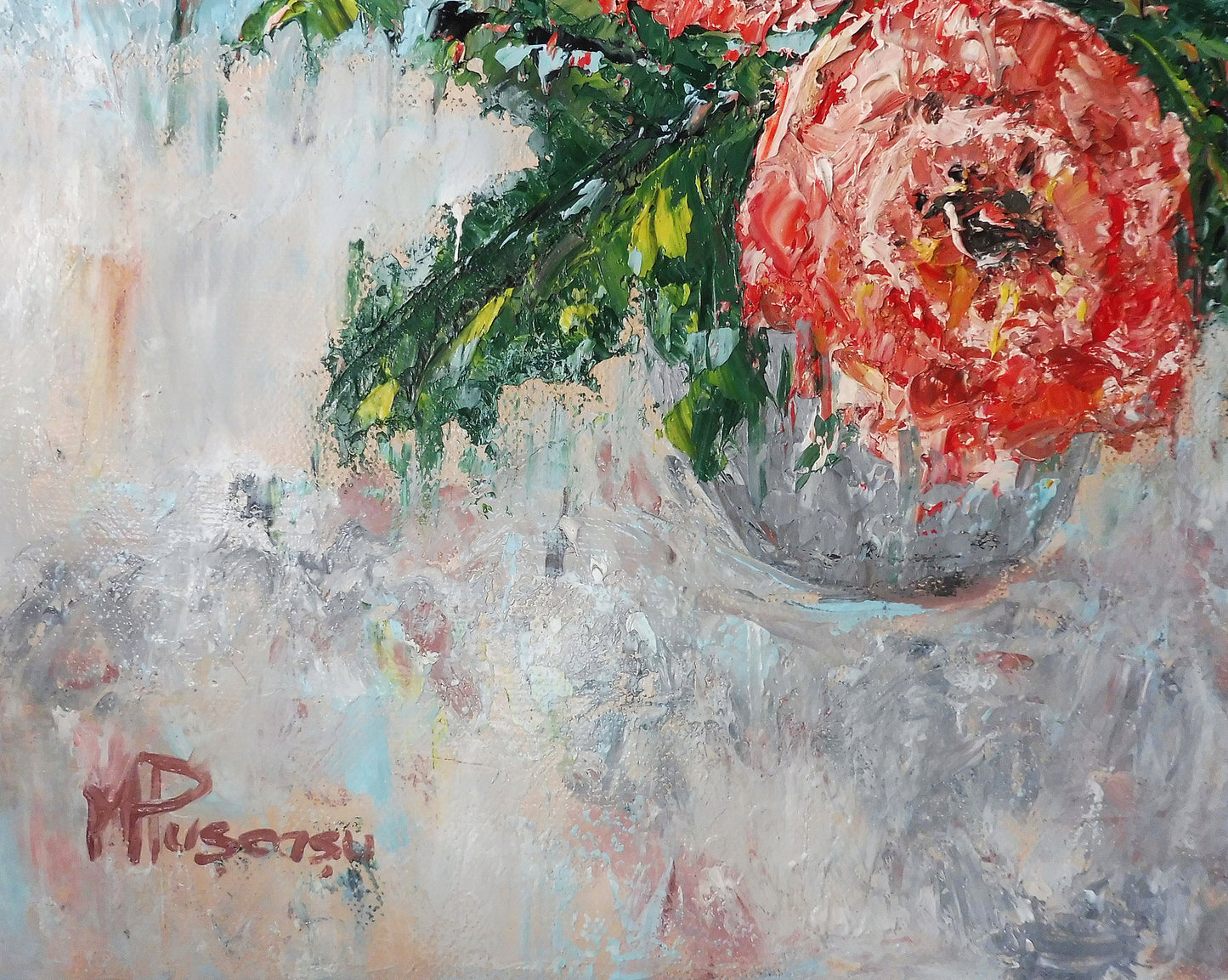 roses oil painting | sugnature on front | red roses in vase