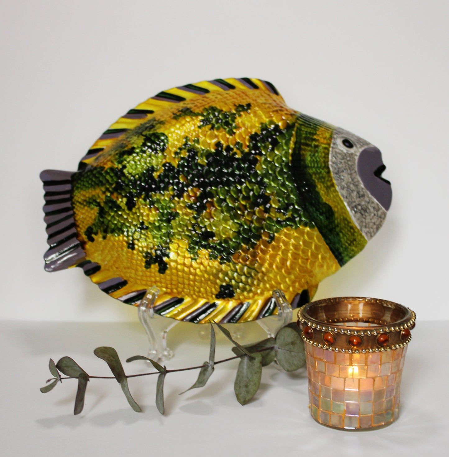 painted fish plate | entry table decor | painted glass fish | decorative fish plate | yellow fish