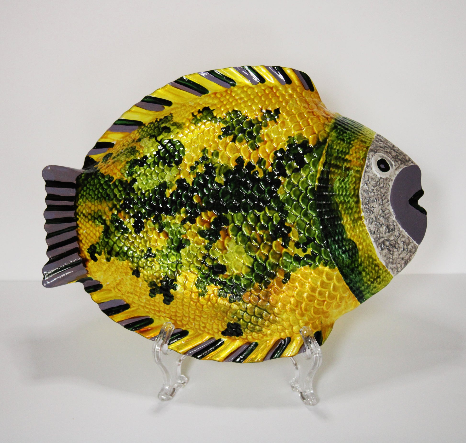 painted fish plate | entry table decor | painted glass fish | decorative fish plate | yellow fish