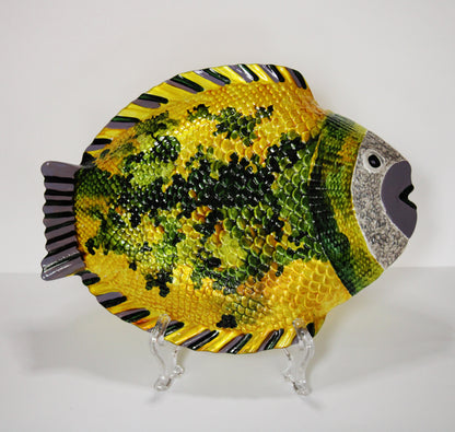 painted fish plate | entry table decor | painted glass fish | decorative fish plate | yellow fish