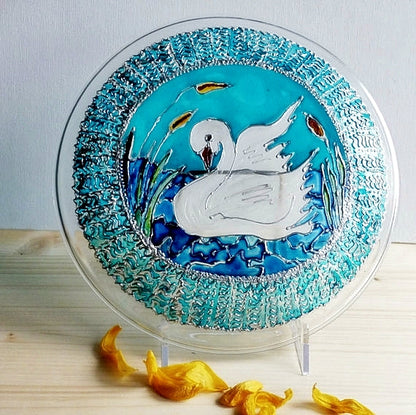 painted glass plate | swan plate | painted plate on stand | painted gifts